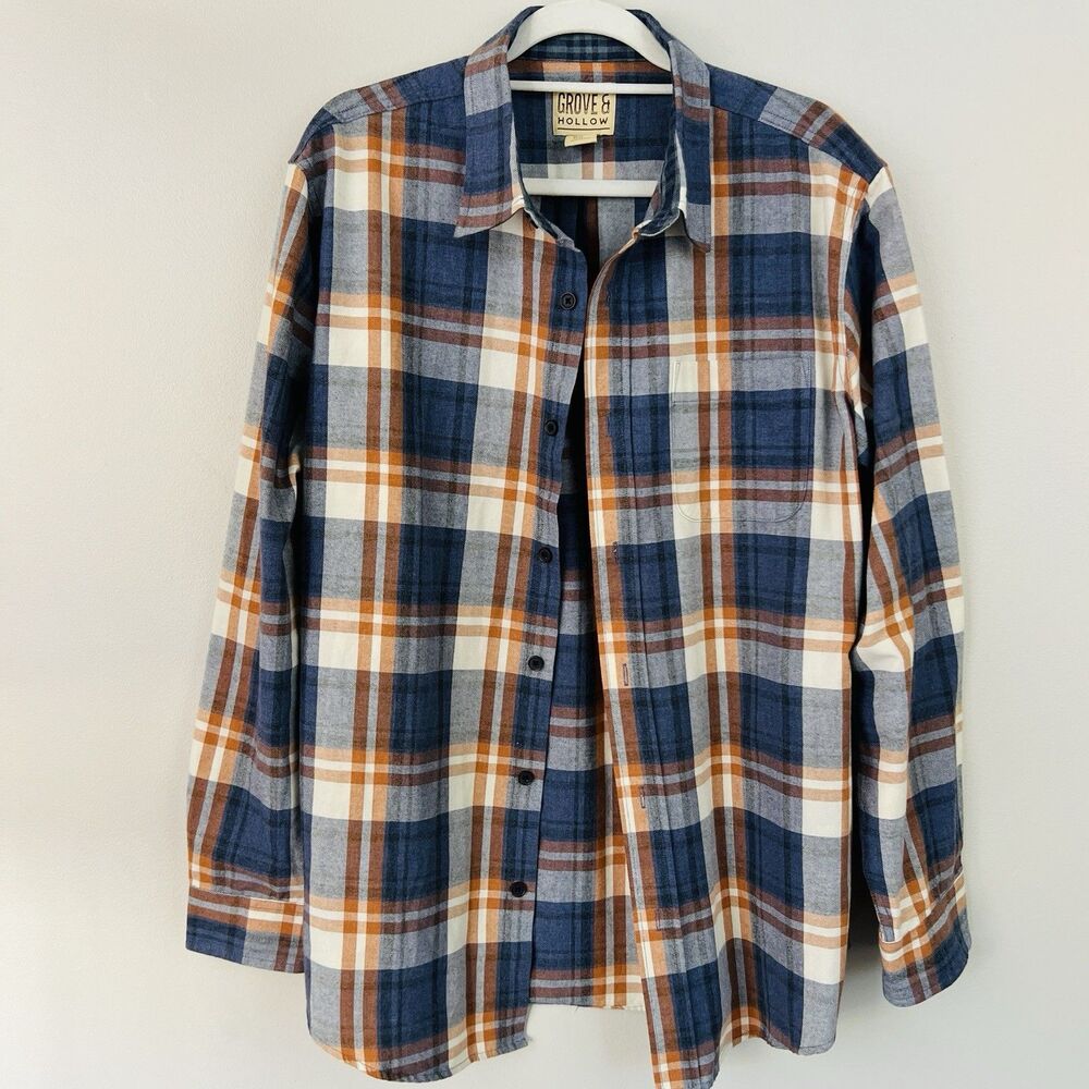 Grove & Hollow Blue Flannel Plaid Super Soft Rugged Button Up Shirt Mens Size XL